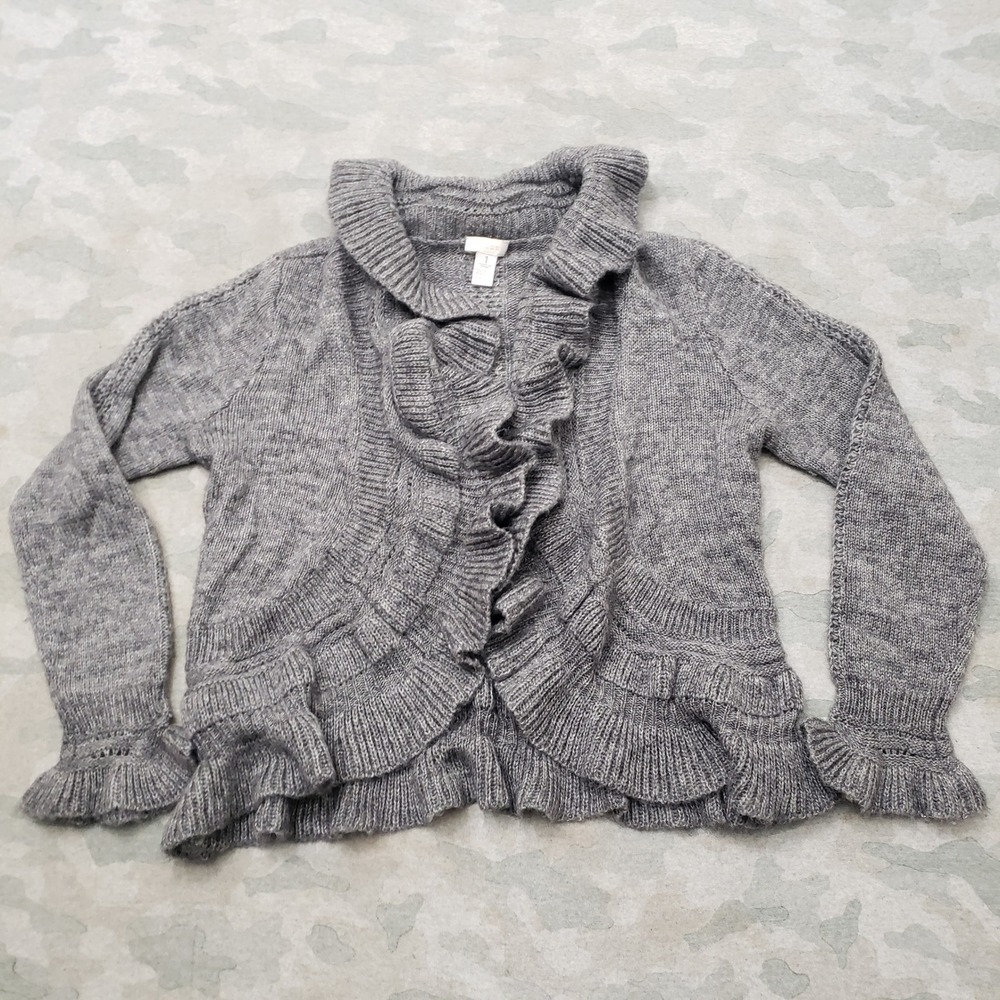 Chico's Cardigan Sweater Womens 1 Gray Wool Blend Knit Ruffle Open Front